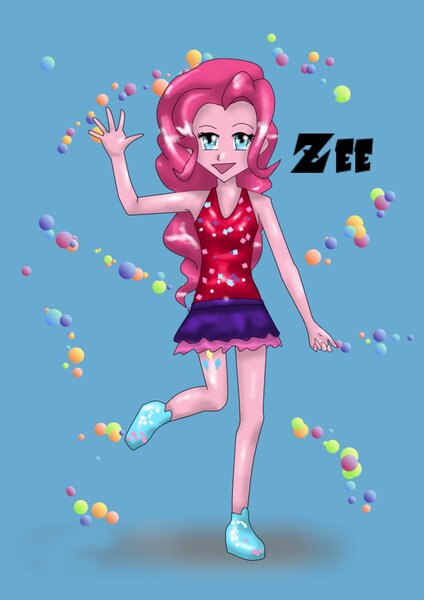 Size: 752x1063 | Tagged: safe, artist:zee-qow, derpibooru import, pinkie pie, human, clothes, female, humanized, raised hoof, shoes, skirt, solo