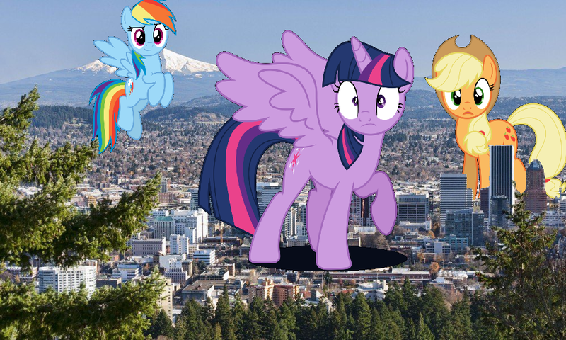 Size: 998x599 | Tagged: source needed, useless source url, safe, artist:estories, artist:itv-canterlot, artist:logan859, artist:mrlolcats17, derpibooru import, applejack, rainbow dash, twilight sparkle, twilight sparkle (alicorn), alicorn, earth pony, pegasus, pony, giant pony, giant rainbow dash, highrise ponies, irl, looking at you, macro, mega twilight sparkle, mega/giant rainbow dash, oregon, photo, ponies in real life, portland