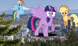 Size: 998x599 | Tagged: source needed, useless source url, safe, artist:estories, artist:itv-canterlot, artist:logan859, artist:mrlolcats17, derpibooru import, applejack, rainbow dash, twilight sparkle, twilight sparkle (alicorn), alicorn, earth pony, pegasus, pony, giant pony, giant rainbow dash, highrise ponies, irl, looking at you, macro, mega twilight sparkle, mega/giant rainbow dash, oregon, photo, ponies in real life, portland