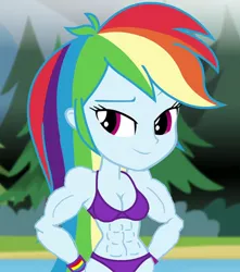 Size: 610x690 | Tagged: suggestive, derpibooru import, edit, edited edit, edited screencap, screencap, rainbow dash, equestria girls, legend of everfree, abs, bra, breast edit, breasts, buff edit, cleavage, clothes, cropped, female, muscles, panties, purple underwear, rainbuff dash, solo, solo female, underwear, underwear edit