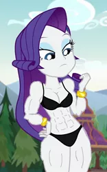 Size: 450x720 | Tagged: suggestive, derpibooru import, edit, edited screencap, screencap, rarity, equestria girls, legend of everfree, abs, breast edit, breasts, buff edit, cleavage, clothes, cropped, female, muscles, ripped rarity, solo, solo female, underwear