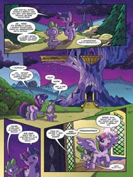 Size: 720x960 | Tagged: safe, artist:tonyfleecs, derpibooru import, idw, spike, twilight sparkle, twilight sparkle (alicorn), alicorn, dragon, pony, from the shadows, spoiler:comic, spoiler:comic51, comic, duo, female, male, mare, official comic, preview, speech bubble, spread wings, twilight's castle, wings