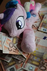 Size: 3456x5184 | Tagged: artist needed, safe, derpibooru import, princess cadance, alicorn, pony, absurd resolution, bank note, bed of money, euro, gold digger, irl, money, photo, plushie, solo, teen princess cadance