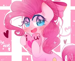 Size: 1516x1242 | Tagged: safe, artist:windymils, derpibooru import, pinkie pie, earth pony, pony, blushing, bow, cute, female, hair bow, heart, heart eyes, looking at you, mare, open mouth, signature, smiling, solo, sparkles, valentine's day, wingding eyes