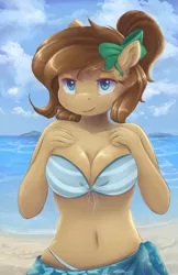 Size: 3300x5100 | Tagged: suggestive, artist:ardail, derpibooru import, oc, oc:mocha latte, unofficial characters only, anthro, earth pony, absurd resolution, anthro oc, beach, belly button, big breasts, bikini, blue eyes, bow, breasts, clothes, female, hair bow, mare, solo, solo female, swimsuit