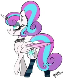 Size: 800x983 | Tagged: safe, artist:yupinapegasus, derpibooru import, princess flurry heart, alicorn, pony, choker, clothes, ear piercing, heart eyes, horn ring, lidded eyes, lip piercing, older, piercing, princess emo heart, punk, simple background, socks, solo, spiked choker, striped socks, transparent background, watermark, wingding eyes