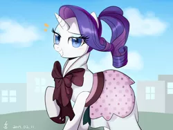 Size: 1024x768 | Tagged: safe, artist:haden-2375, derpibooru import, rarity, pony, unicorn, rarity investigates, alternate hairstyle, building, city, clothes, cloud, dress, eyeshadow, grin, lidded eyes, looking at you, makeup, ponytail, raised hoof, signature, sky, smiling, solo