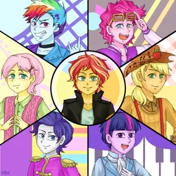 Size: 900x900 | Tagged: safe, artist:prk, derpibooru import, applejack, fluttershy, pinkie pie, rainbow dash, rarity, sunset shimmer, twilight sparkle, equestria girls, friendship through the ages, rainbow rocks, '90s, 2000s, 50s, 60s, 70s, 80s, applejack (male), bubble berry, butterscotch, clothes, devil horn (gesture), dusk shine, elusive, equestria guys, humane six, looking at you, male, open mouth, pixiv, prince dusk, rainbow blitz, rock on, rule 63, shutter shades, sunset glare