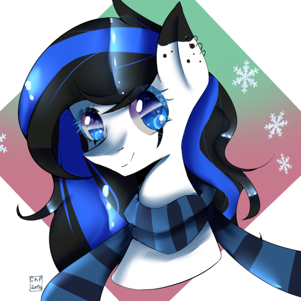 Size: 1400x1400 | Tagged: safe, artist:cheetospony, derpibooru import, oc, unofficial characters only, pony, abstract background, bust, clothes, ear piercing, female, mare, piercing, portrait, scarf, solo