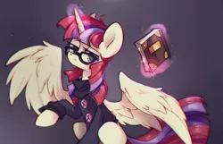 Size: 1280x822 | Tagged: safe, artist:mirtash, derpibooru import, moondancer, alicorn, pony, alicornified, book, chromatic aberration, clothes, glasses, glowing horn, looking at you, magic, moondancercorn, race swap, rcf community, simple background, solo, sweater, unamused