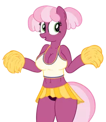 Size: 1387x1600 | Tagged: suggestive, artist:hendro107, derpibooru import, cheerilee, anthro, earth pony, the cart before the ponies, breasts, busty cheerilee, cameltoe, cheeribetes, cheerileeder, cheerleader, cleavage, clothes, cute, female, midriff, miniskirt, open mouth, panties, pigtails, pleated skirt, pom pom, purple underwear, simple background, skirt, skirt lift, solo, solo female, sports bra, transparent background, underwear, upskirt