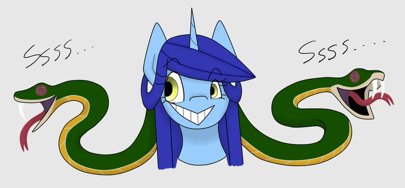 Size: 1024x475 | Tagged: safe, artist:rosequartz1, derpibooru import, oc, oc:effigy, unofficial characters only, pony, snake, unicorn, grin, offspring, parent:discord, parent:trixie, parents:trixcord, simple background, smiling