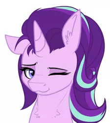 Size: 1134x1259 | Tagged: safe, artist:duop-qoub, derpibooru import, starlight glimmer, pony, unicorn, :3, :t, chest fluff, cute, ear fluff, floppy ears, fluffy, glimmerbetes, lidded eyes, looking at you, one eye closed, simple background, smiling, solo, white background, wink