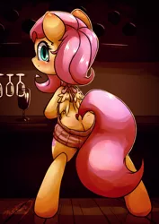 Size: 3008x4257 | Tagged: absurd resolution, alcohol, alternate hairstyle, artist:bloodatius, backless, bar, blushing, buttcrack, clothes, cute, derpibooru import, female, flutterbutt, fluttershy, folded wings, glass, looking at you, looking back, open-back sweater, plot, shy, shyabetes, signature, sleeveless sweater, small wings, solo, solo female, spreading, spread legs, suggestive, sweater, sweatershy, virgin killer sweater, wine