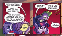 Size: 451x266 | Tagged: safe, artist:tonyfleecs, derpibooru import, idw, applejack, fluttershy, pinkie pie, rainbow dash, rarity, spike, twilight sparkle, twilight sparkle (alicorn), alicorn, dragon, pony, from the shadows, spoiler:comic, spoiler:comic51, comic, cropped, female, male, mane six, mare, official comic, out of context, preview, red background, simple background, speech bubble, the bride of frankenstein