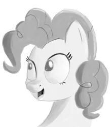 Size: 635x732 | Tagged: safe, alternate version, artist:itsthinking, derpibooru import, pinkie pie, earth pony, pony, bust, grayscale, monochrome, open mouth, portrait, simple background, smiling, solo, white background