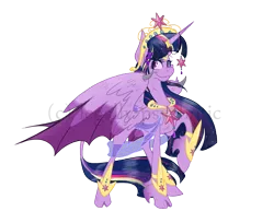 Size: 2229x1819 | Tagged: safe, artist:legally-psychotic, derpibooru import, twilight sparkle, twilight sparkle (alicorn), alicorn, bat pony, bat pony alicorn, classical unicorn, pony, bat wings, big crown thingy, cloven hooves, element of magic, hybrid wings, jewelry, leonine tail, raised hoof, regalia, simple background, solo, transparent background, unshorn fetlocks, watermark