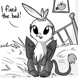 Size: 1280x1280 | Tagged: safe, artist:tjpones, derpibooru import, oc, oc:gerdie, unofficial characters only, gryphon, horse wife, apple, bed, behaving like a bird, birds doing bird things, cute, dialogue, female, food, grapes, grayscale, griffon oc, griffons doing bird things, image, looking at you, monochrome, nest, nesting instinct, open mouth, picture, png, property damage, sitting, smiling, solo