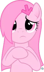 Size: 1400x2282 | Tagged: safe, artist:arifproject, derpibooru import, oc, oc:downvote, ponified, unofficial characters only, earth pony, pony, derpibooru, derpibooru ponified, frown, hairclip, meta, pink, recolor, simple background, solo, transparent background, vector