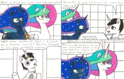 Size: 3384x2165 | Tagged: artist:eternaljonathan, comic, comic:a new twist, derpibooru import, guardian, horn ring, oc, oc:nemo, princess celestia, princess luna, royal sisters, safe, traditional art