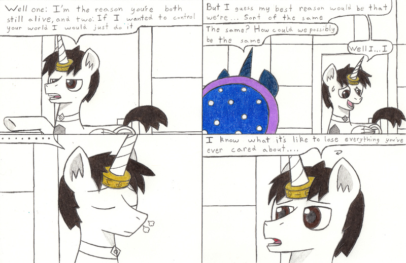 Size: 3396x2204 | Tagged: artist:eternaljonathan, comic, comic:a new twist, derpibooru import, guardian, horn ring, oc, oc:nemo, princess luna, safe, traditional art