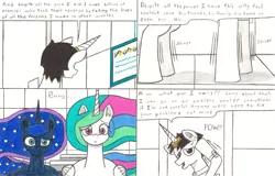 Size: 3392x2177 | Tagged: artist:eternaljonathan, chubby, comic, comic:a new twist, derpibooru import, fat, fool, guardian, horn ring, oc, oc:nemo, princess celestia, princess luna, royal sisters, science fiction, semi-grimdark, shame