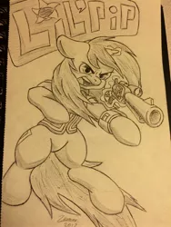 Size: 2448x3264 | Tagged: safe, artist:zemer, derpibooru import, oc, oc:littlepip, unofficial characters only, pony, unicorn, fallout equestria, fanfic, action pose, black and white, clothes, fanfic art, female, floppy ears, glowing horn, grayscale, gun, handgun, hooves, horn, levitation, little macintosh, looking at you, magic, mare, monochrome, name, open mouth, optical sight, pipbuck, revolver, scope, screaming, simple background, solo, telekinesis, traditional art, vault suit, weapon, white background