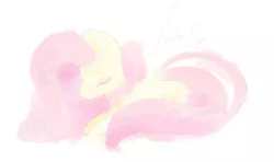 Size: 900x531 | Tagged: artist:dracini, derpibooru import, eyes closed, fluttershy, folded wings, name, prone, safe, simple background, solo, white background