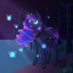 Size: 3850x3850 | Tagged: dead source, safe, artist:zombiecupcake101, derpibooru import, princess luna, alicorn, fairy, pony, colored pupils, curved horn, female, forest, grass field, moonlight, night, open mouth, path, scenery, signature, smiling, solo