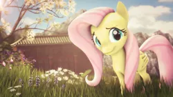 Size: 4000x2250 | Tagged: 3d, artist:redaceofspades, beautiful, building, cute, derpibooru import, field, flower, fluttershy, looking at you, mountain, poster, safe, shyabetes, solo, source filmmaker, tree