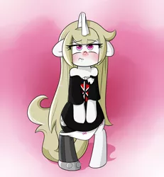 Size: 2500x2700 | Tagged: suggestive, artist:fullmetalpikmin, derpibooru import, oc, oc:cherry blossom, unofficial characters only, pony, unicorn, abstract background, bare shoulders, bipedal, blushing, clothes, congenital amputee, dead kennedys, floppy ears, oversized clothes, oversized shirt, panties, panties around legs, prosthetic limb, prosthetics, red nosed, ribbon, shirt, solo, tissue, underwear, white underwear