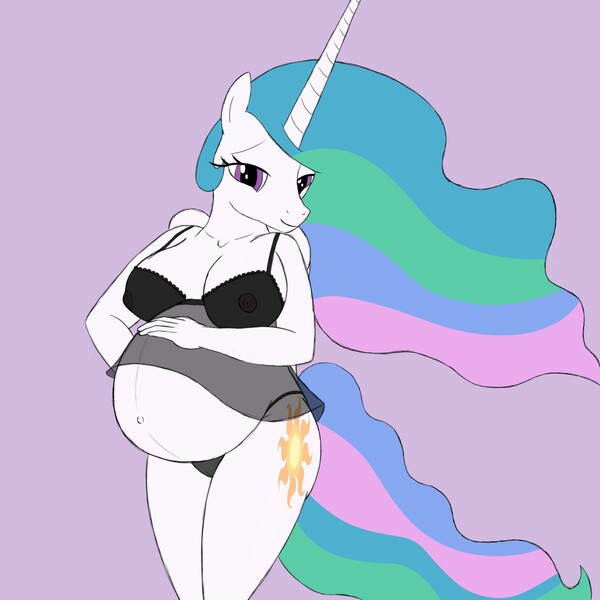 Size: 1280x1280 | Tagged: anthro, artist:20thx5150, bedroom eyes, belly, belly button, big belly, bra, breasts, busty princess celestia, cameltoe, clothes, derpibooru import, female, looking at you, nipples, nudity, preglestia, pregnant, princess celestia, purple background, questionable, see-through, simple background, smiling, solo, solo female, underwear