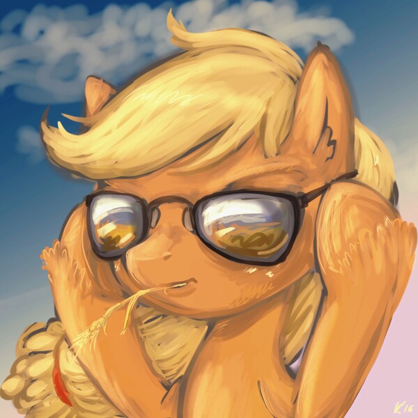 Size: 1800x1800 | Tagged: applejack, artist:kovoranu, cool, derpibooru import, hoof hold, safe, solo, straw, sunglasses, windswept mane