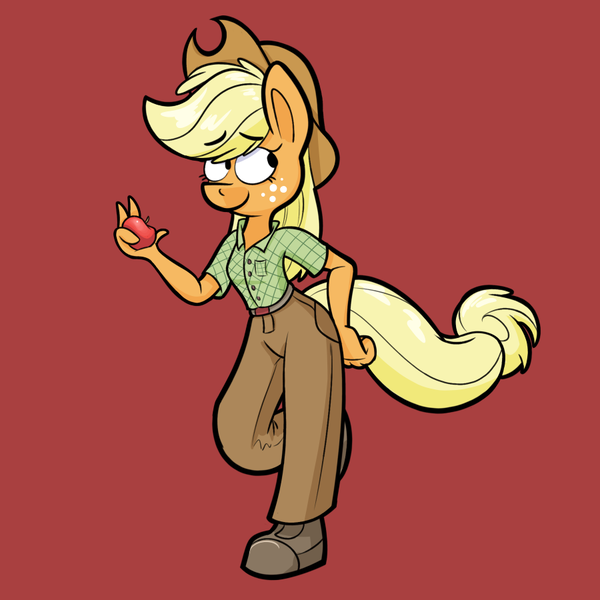 Size: 900x900 | Tagged: anthro, apple, applejack, artist:heir-of-rick, clothes, daily apple pony, derpibooru import, food, plantigrade anthro, red background, safe, simple background, solo, style emulation