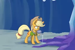 Size: 1500x1000 | Tagged: safe, artist:heir-of-rick, derpibooru import, applejack, tree of harmony, earth pony, pony, daily apple pony, cowboy hat, hat, mouth hold, smiling, solo, stetson, watering, watering can