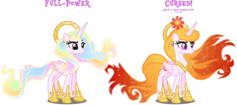 Size: 6000x2679 | Tagged: safe, alternate version, artist:orin331, derpibooru import, nightmare star, princess celestia, alicorn, pony, dancerverse, absurd resolution, alternate design, alternate universe, corrupted, female, halo, mane of fire, mare, simple background, smiling, solo, transparent background