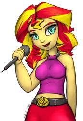 Size: 1100x1600 | Tagged: safe, artist:gabbslines, derpibooru import, sunset shimmer, equestria girls, belt, belt buckle, breasts, busty sunset shimmer, clothes, female, looking at you, microphone, midriff, simple background, singing, smiling, solo, tight clothing, transparent background
