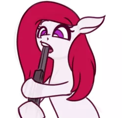 Size: 306x297 | Tagged: semi-grimdark, artist:mayde-m, deleted from derpibooru, derpibooru import, oc, unofficial characters only, earth pony, pony, female, gun, imminent death, mare, open mouth, shotgun, simple background, solo, suicide, this will end in death, this will end in tears and/or death, weapon, white background