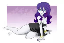 Size: 1280x853 | Tagged: suggestive, artist:ponut_joe, derpibooru import, rarity, equestria girls, barefoot, bracelet, breasts, busty rarity, cleavage, clothes, dress, feet, female, jewelry, little black dress, looking at you, loose hair, nightgown, smiling, solo, solo female