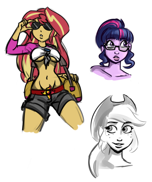 Size: 1280x1536 | Tagged: suggestive, artist:ponut_joe, derpibooru import, applejack, sci-twi, sunset shimmer, twilight sparkle, equestria girls, legend of everfree, belly button, breasts, busty sunset shimmer, clothes, cowboy hat, female, freckles, front knot midriff, hat, midriff, monochrome, shorts, sketch, smiling, stetson, sunglasses, underboob