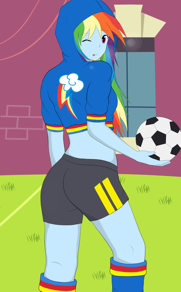 Size: 2100x3400 | Tagged: suggestive, artist:skatalapu, derpibooru import, rainbow dash, equestria girls, 2013, adorasexy, ball, canterlot high, clothes, compression shorts, cute, female, hoodie, midriff, one eye closed, rainbutt dash, rear view, sexy, shorts, soccer field, solo, solo female, tongue out, wink