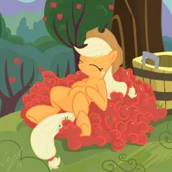 Size: 5000x5000 | Tagged: safe, artist:matimus91, derpibooru import, applejack, earth pony, pony, absurd resolution, apple, eyes closed, food, happy, on back, pile, solo, that pony sure does love apples