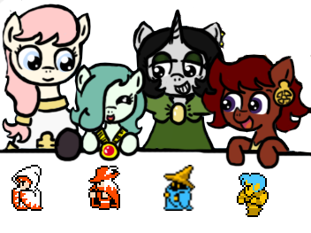 Size: 352x263 | Tagged: safe, artist:ficficponyfic, derpibooru import, edit, oc, oc:emerald jewel, oc:hope blossoms, oc:joyride, oc:ruby rouge, unofficial characters only, earth pony, pony, unicorn, colt quest, adult, amulet, black mage, bowtie, child, clothes, color, colt, comparison, cute, ear piercing, earring, eyeshadow, female, filly, final fantasy, foal, jewelry, makeup, male, mantle, mare, piercing, ponytail, q&a, red mage, robe, story included, thief, white mage