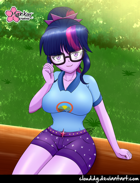 Size: 761x1000 | Tagged: safe, artist:clouddg, derpibooru import, sci-twi, twilight sparkle, equestria girls, legend of everfree, big breasts, breasts, busty twilight sparkle, camping outfit, clothes, cute, female, glasses, log, looking at you, shorts, signature, sitting, smiling, solo, thighs, twiabetes, wide hips