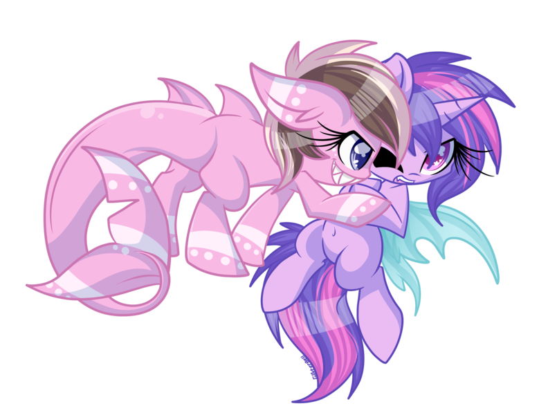 Size: 2868x2209 | Tagged: artist:starlightlore, derpibooru import, duo, female, filly, oc, oc:ashee, oc:sapphire chord, original species, safe, shark pony, siren, unofficial characters only