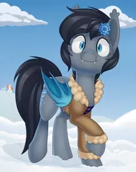 Size: 866x1093 | Tagged: safe, artist:thegamblehorse, deleted from derpibooru, derpibooru import, oc, oc:seachell, unofficial characters only, bat pony, pony, bomber jacket, clothes, cloud, female, flower, flower in hair, jacket, mare, snow, solo