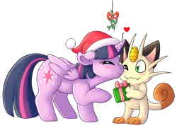 Size: 962x695 | Tagged: safe, artist:chimcharlover13, derpibooru import, meowth, blushing, christmas, crack shipping, crossover, crossover shipping, cute, female, hat, heart eyes, male, meowthtwi, mistletoe, nuzzling, pokémon, present, santa hat, shipping, simple background, starry eyes, straight, transparent background, wingding eyes