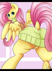 Size: 1619x2200 | Tagged: artist:iblisart, backless, clothes, derpibooru import, dock, featureless crotch, female, flutterbutt, fluttershy, looking back, open-back sweater, plot, signature, sleeveless sweater, smiling, solo, solo female, spread wings, suggestive, sweater, sweatershy, virgin killer sweater