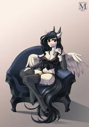 Size: 909x1300 | Tagged: anthro, anthro oc, artist:margony, breasts, cleavage, clothes, commission, demon pony, derpibooru import, female, hybrid, lingerie, oc, oc:lady, pegasus, simple background, solo, solo female, suggestive, unguligrade anthro, unofficial characters only