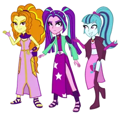 Size: 948x842 | Tagged: safe, artist:drawingaccount, derpibooru import, adagio dazzle, aria blaze, sonata dusk, equestria girls, alternate costumes, belly button, clothes, midriff, pigtails, ponytail, sandals, side slit, skirt, the dazzlings, twintails